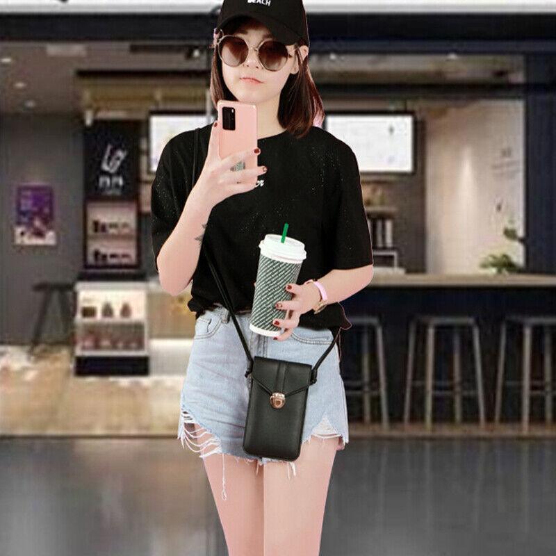 Touch Screen Crossbody Phone Bag with Clear Window PU Leather Wallet Purse - Grey