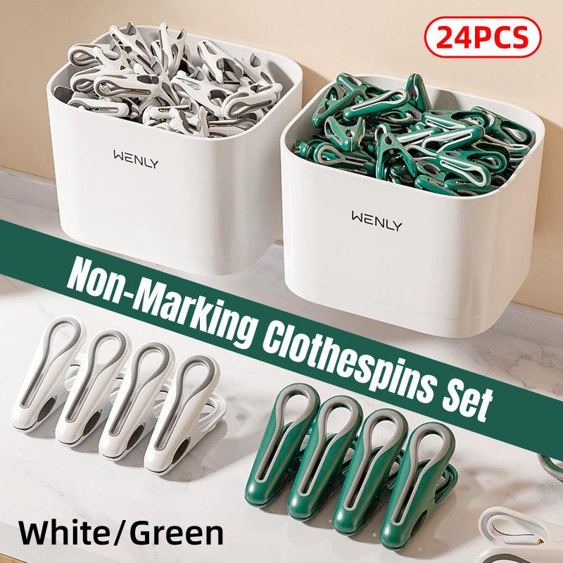 24pcs Clothes Pegs with Storage Basket Laundry Sock Clips Non Slip Drying Hanger - Green