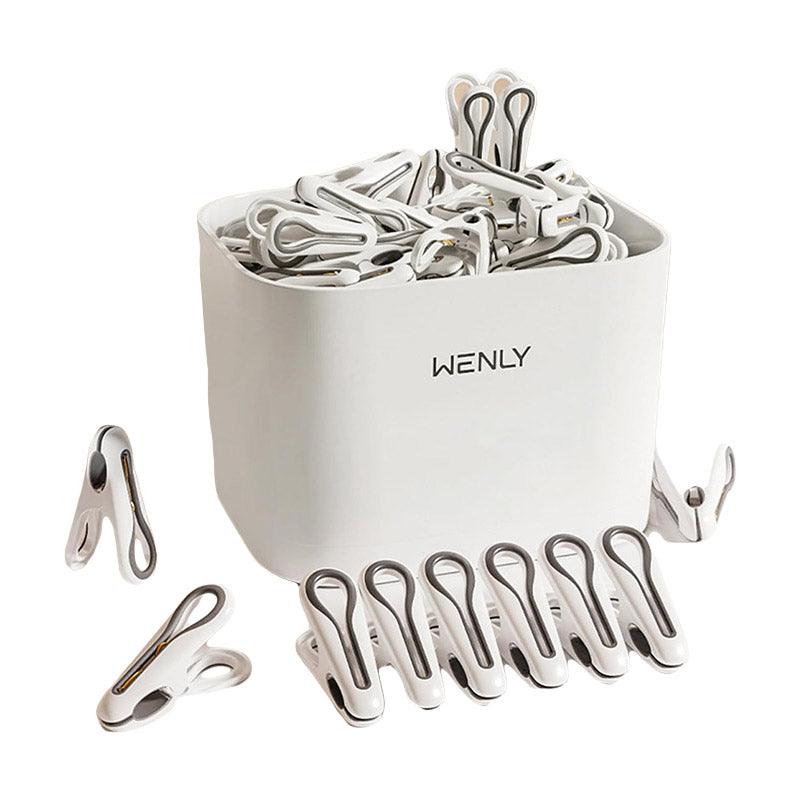 24pcs Clothes Pegs with Storage Basket Laundry Sock Clips Non Slip Drying Hanger - White