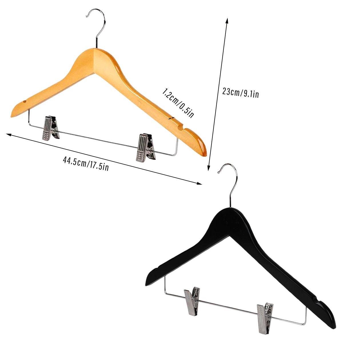 10 Pcs Wooden Non-Slip Wide Shoulder Clothes Hanger with Clip for Hotel Wardrobe - Black