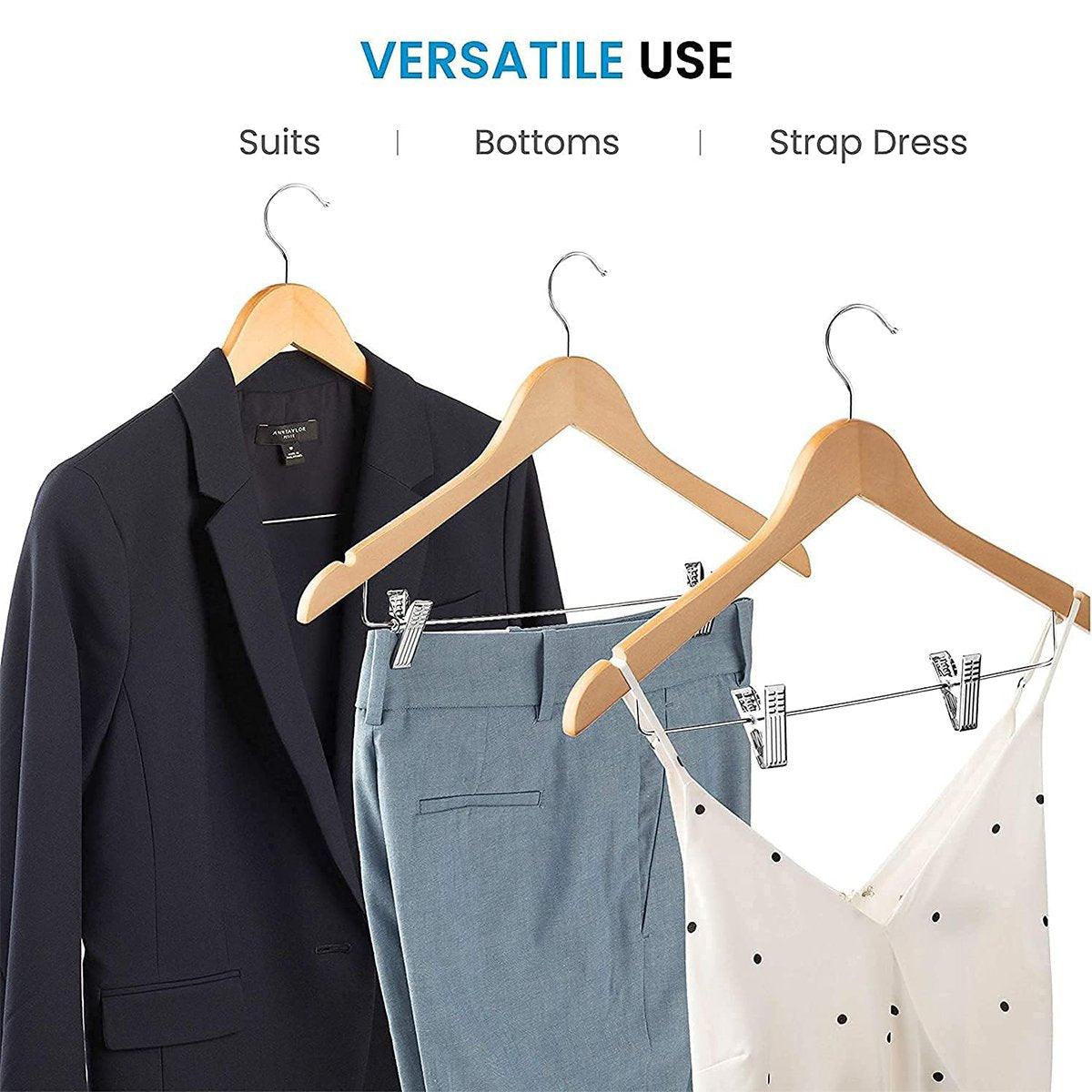 10 Pcs Wooden Non-Slip Wide Shoulder Clothes Hanger with Clip for Hotel Wardrobe - Black
