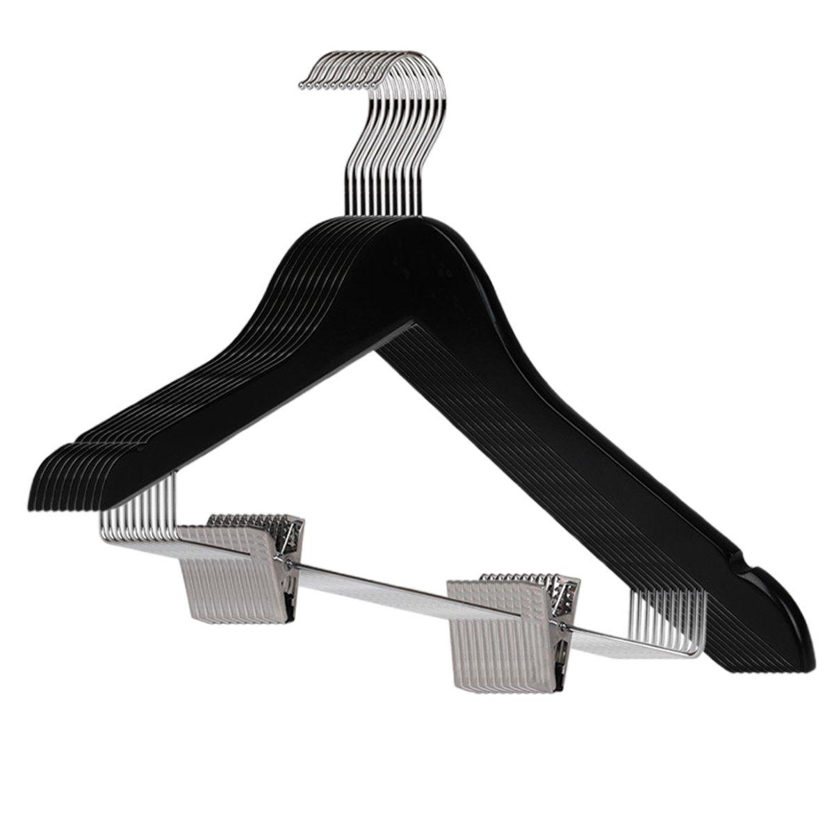 10 Pcs Wooden Non-Slip Wide Shoulder Clothes Hanger with Clip for Hotel Wardrobe - Black
