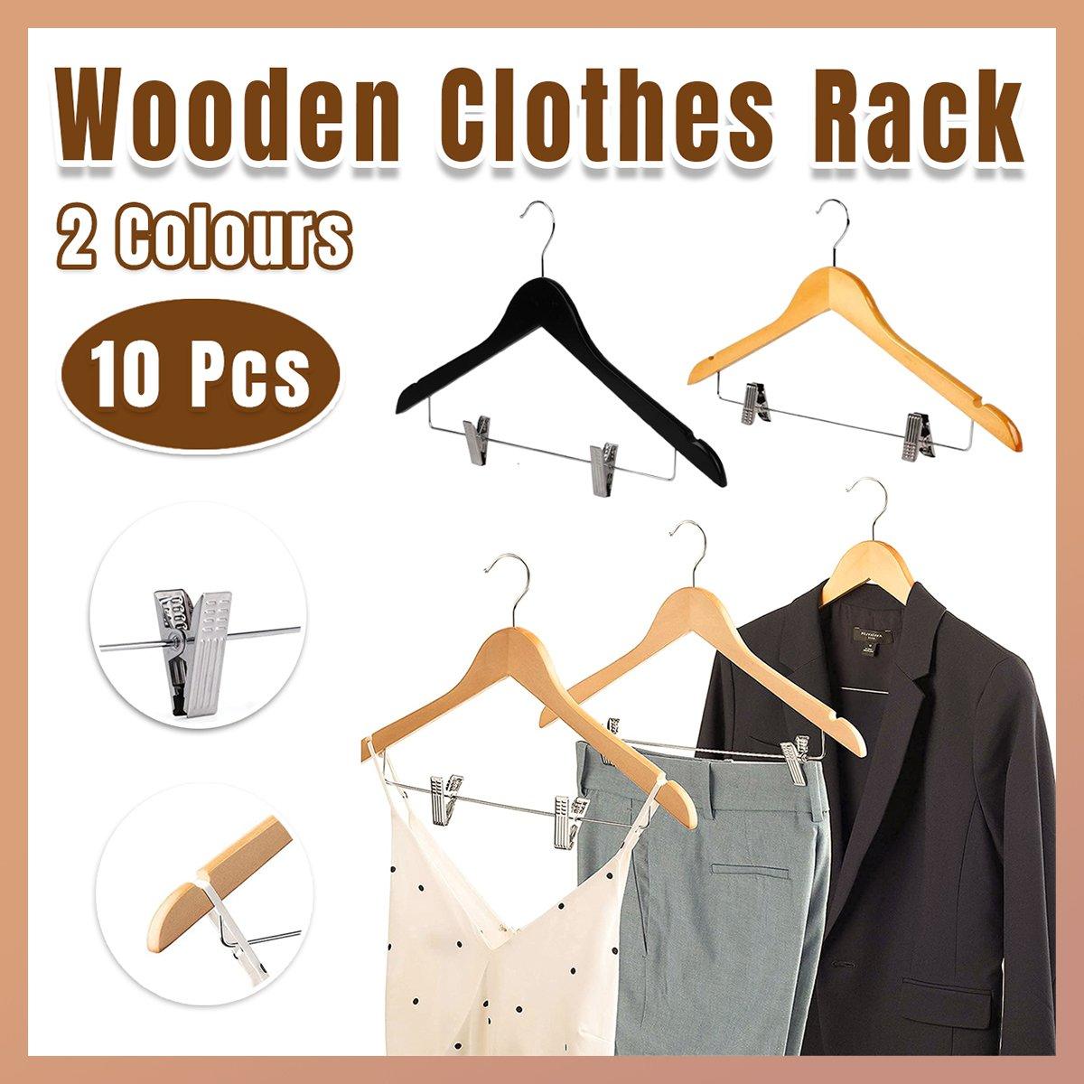 10 Pcs Wooden Non-Slip Wide Shoulder Clothes Hanger with Clip for Hotel Wardrobe - Wood