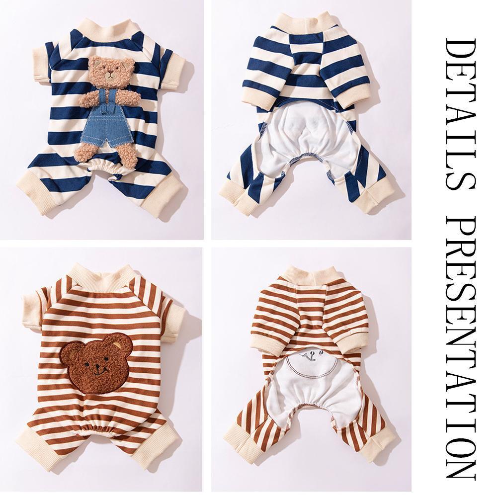 Cute Bear Striped Dog Home Clothes Cat Pet Outfit Cozy Animal Pajamas for Pets - Brown - L