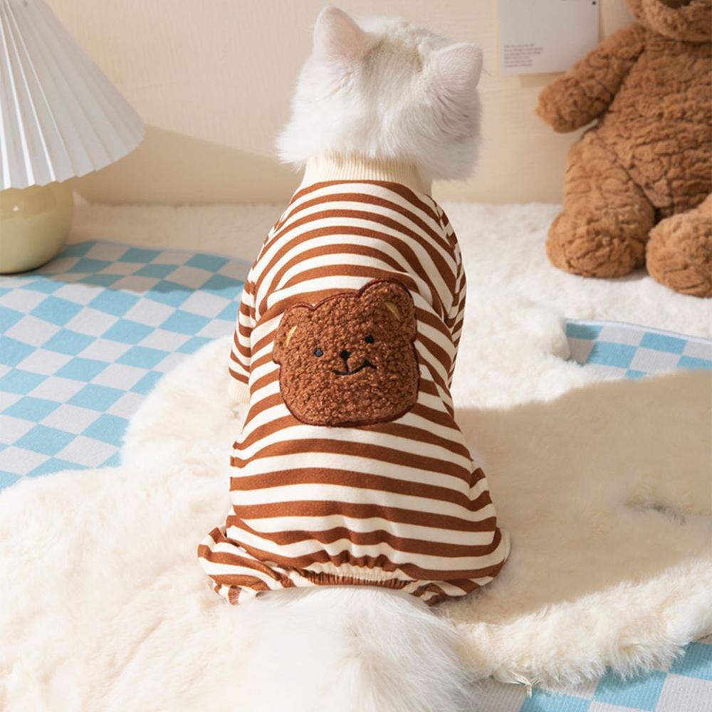 Cute Bear Striped Dog Home Clothes Cat Pet Outfit Cozy Animal Pajamas for Pets - Brown - M