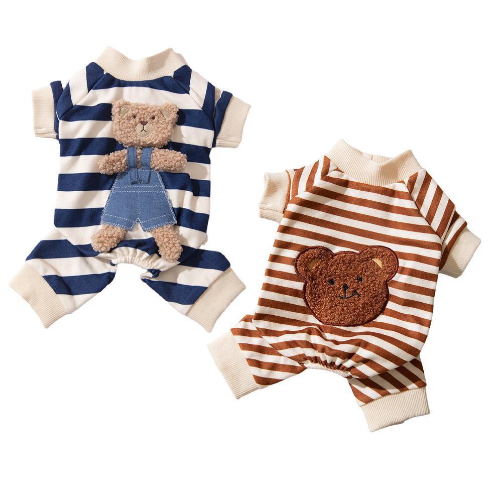 Cute Bear Striped Dog Home Clothes Cat Pet Outfit Cozy Animal Pajamas for Pets - Brown - S