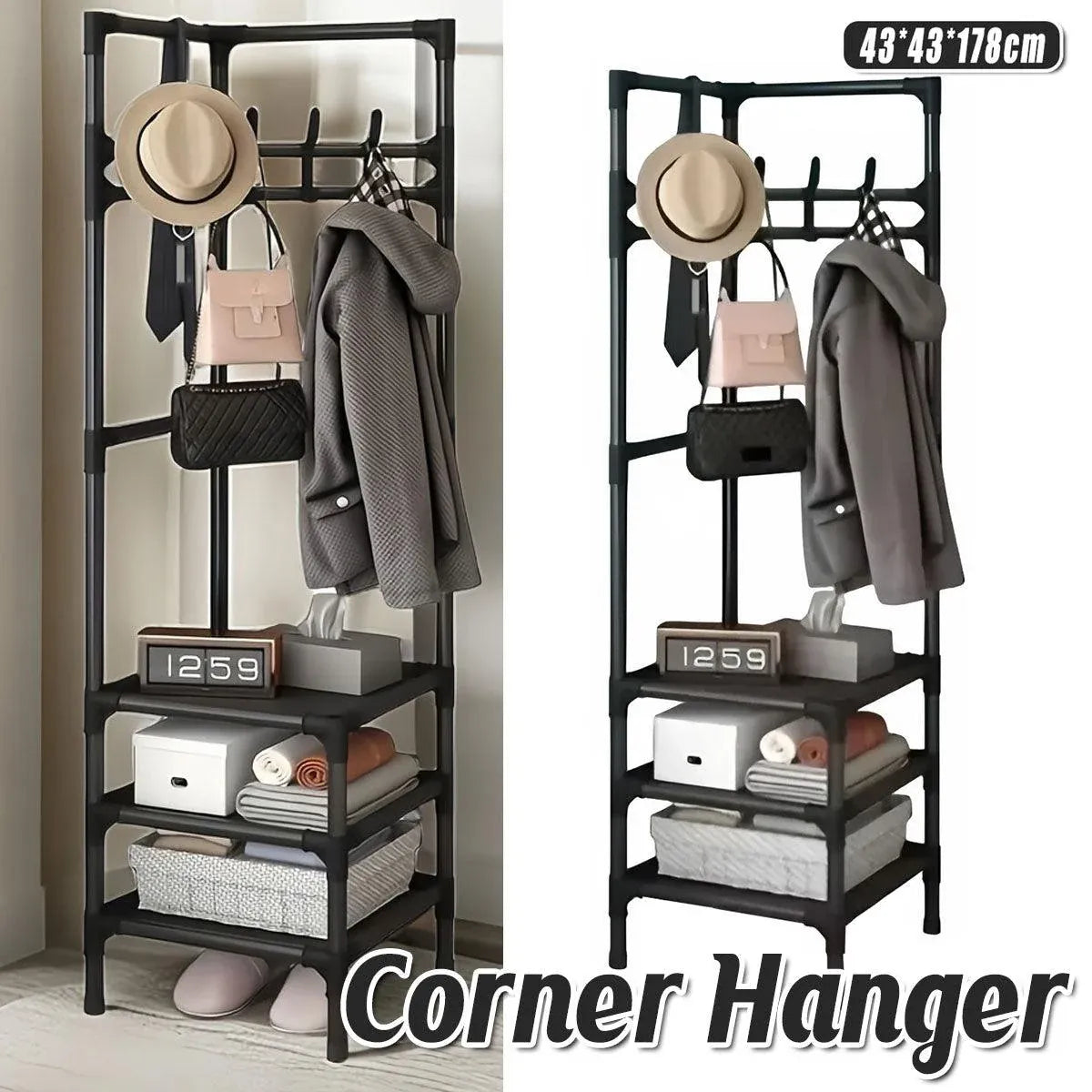 1-Piece Corner Clothes Rack with Shelves and Hooks, Black