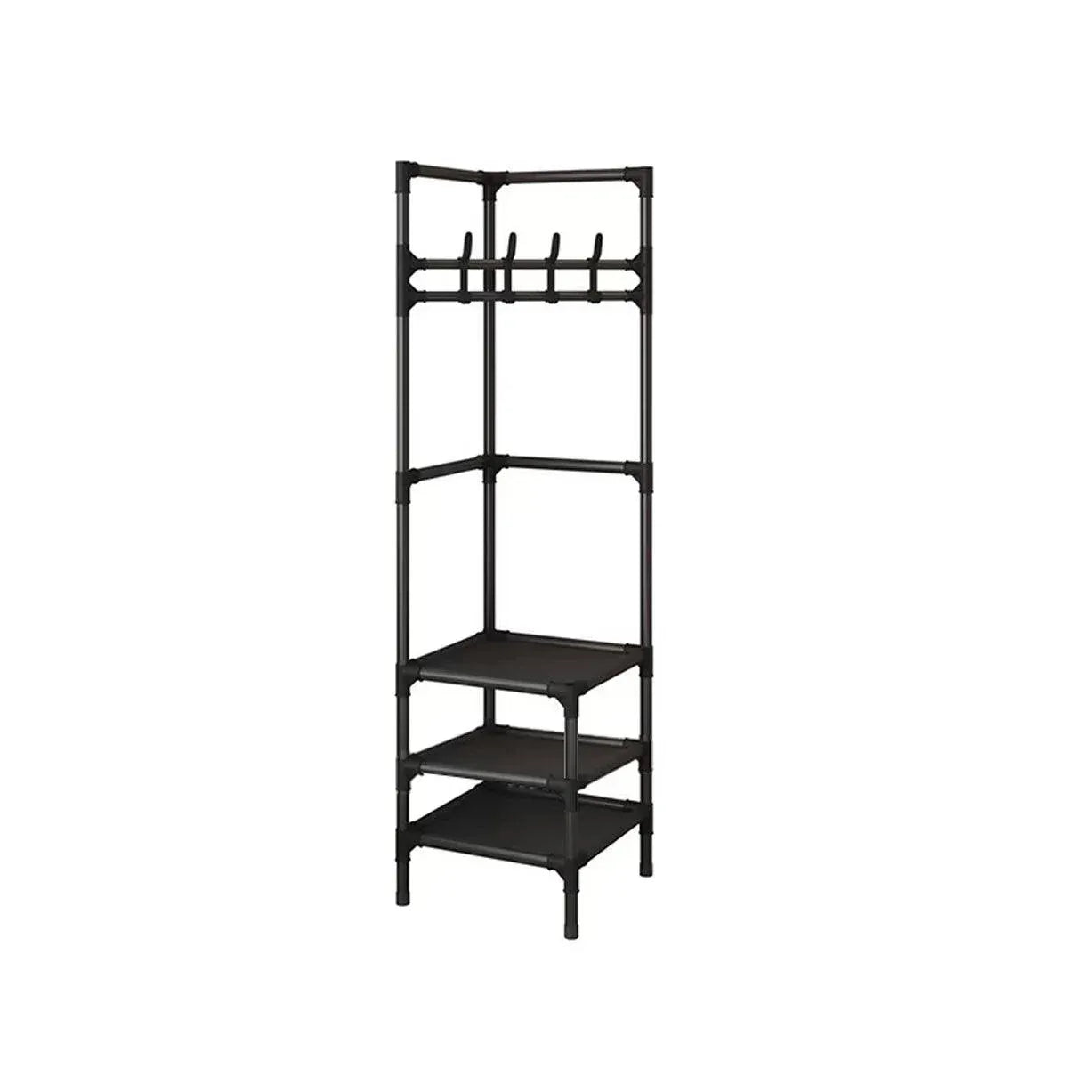 1-Piece Corner Clothes Rack with Shelves and Hooks, Black