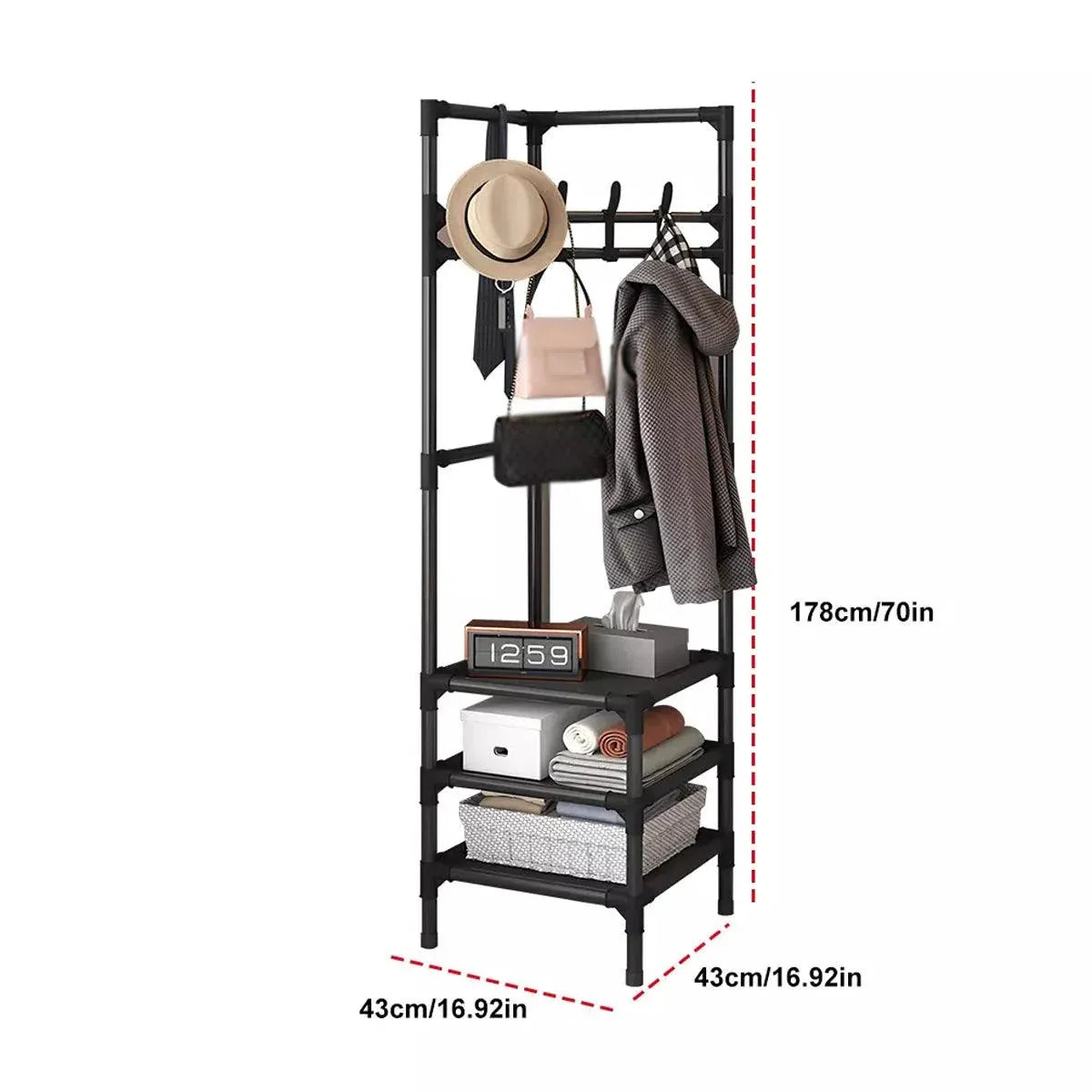 1-Piece Corner Clothes Rack with Shelves and Hooks, Black