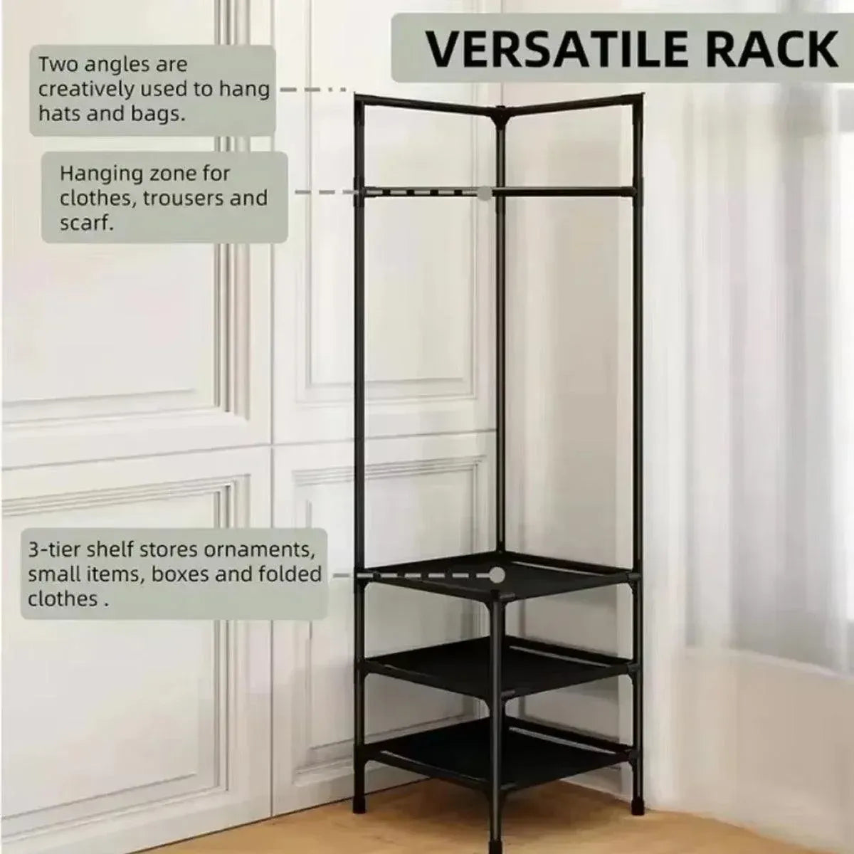 1-Piece Corner Clothes Rack with Shelves and Hooks, Black