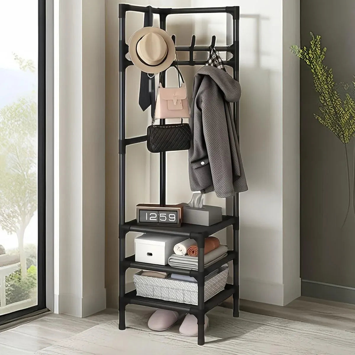 1-Piece Corner Clothes Rack with Shelves and Hooks, Black