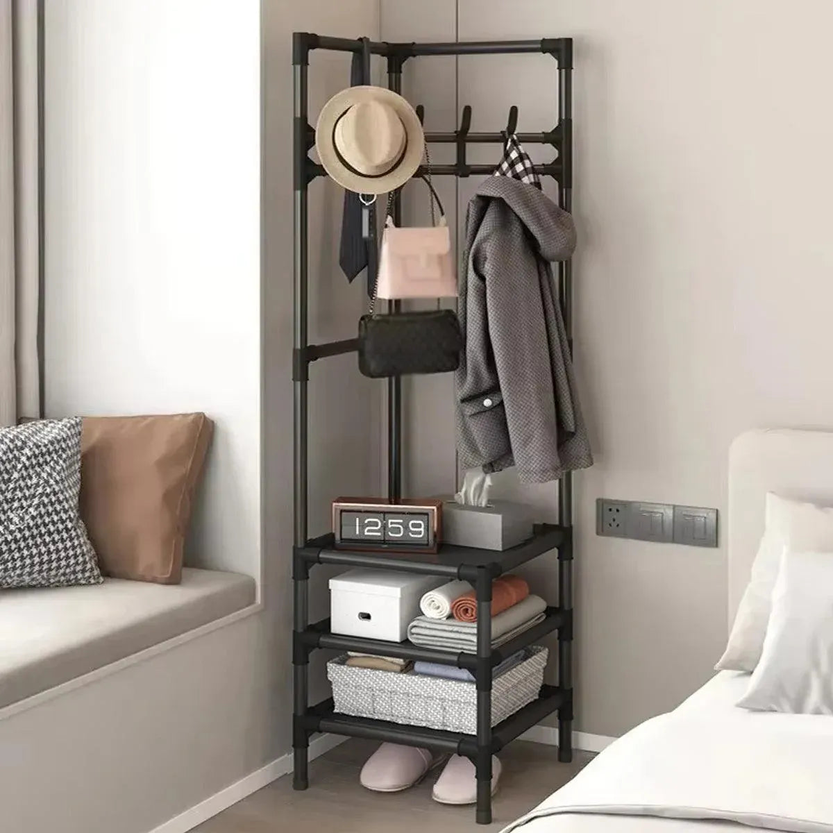 1-Piece Corner Clothes Rack with Shelves and Hooks, Black
