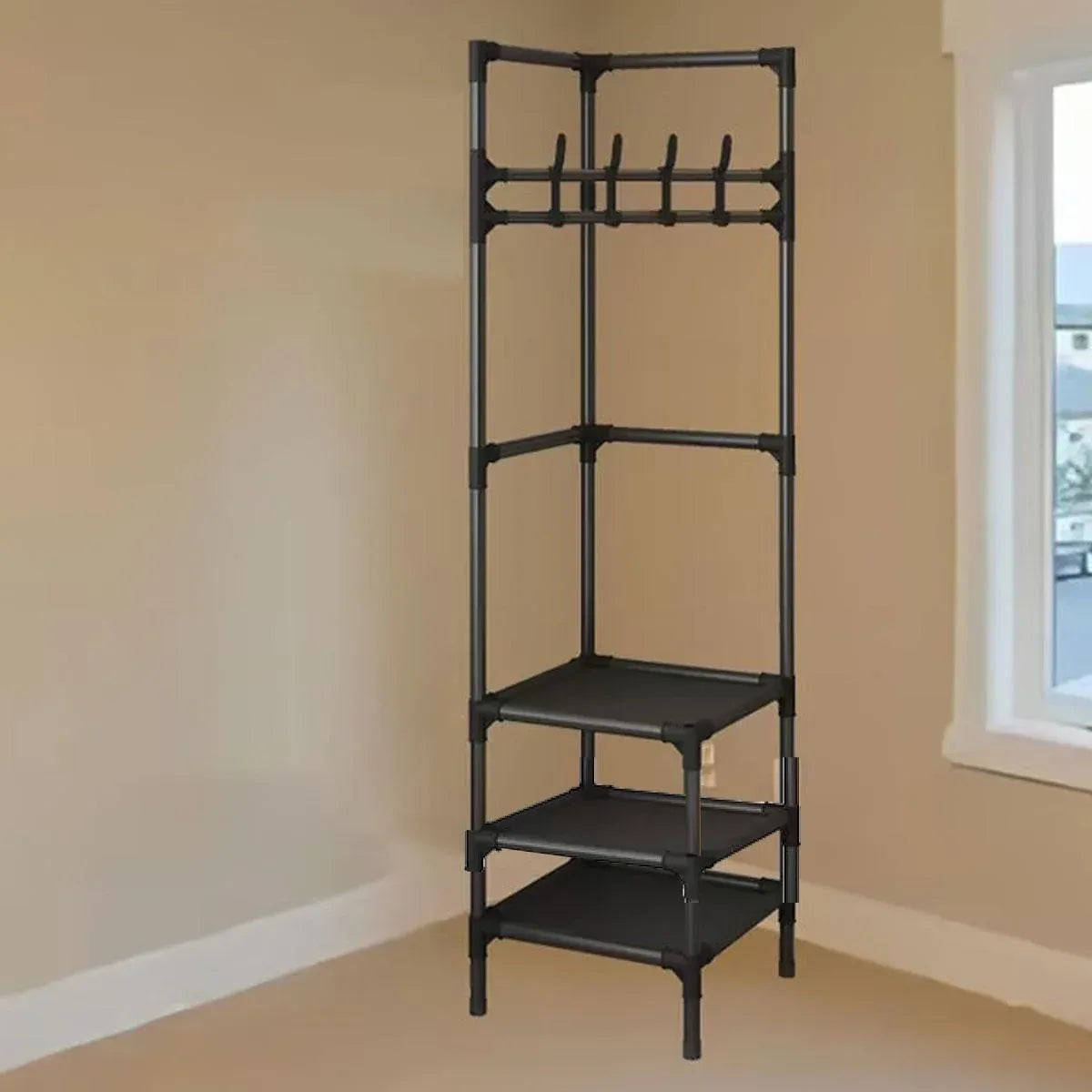 1-Piece Corner Clothes Rack with Shelves and Hooks, Black