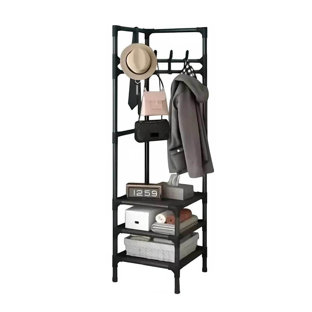 1-Piece Corner Clothes Rack with Shelves and Hooks, Black