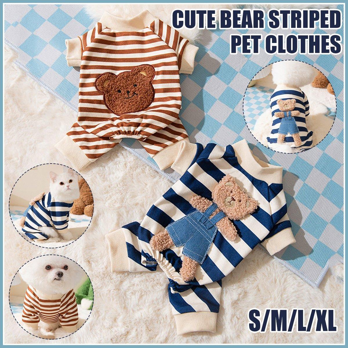 Cute Bear Striped Dog Home Clothes Cat Pet Outfit Cozy Animal Pajamas for Pets - Navy blue - M