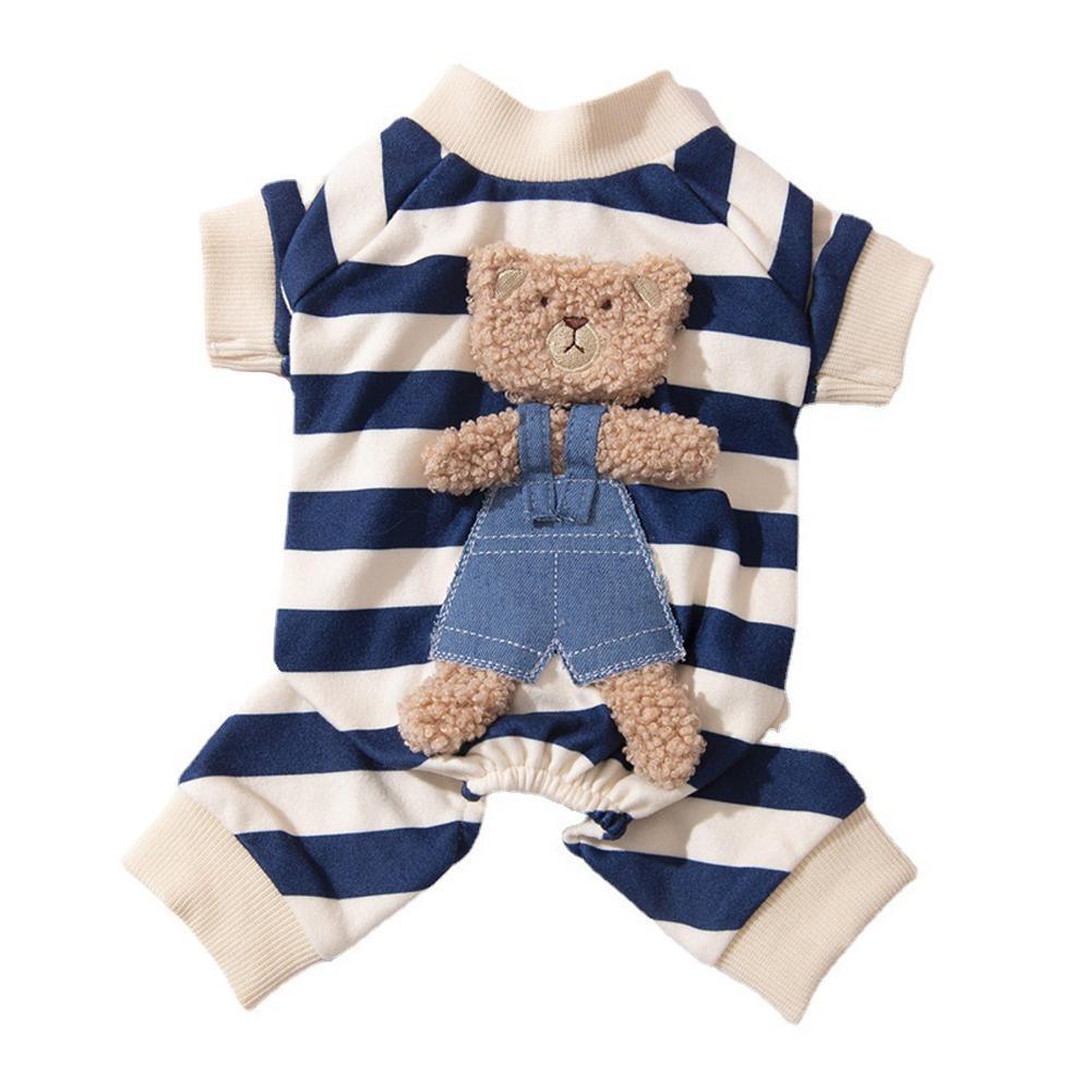 Cute Bear Striped Dog Home Clothes Cat Pet Outfit Cozy Animal Pajamas for Pets - Navy blue - XL