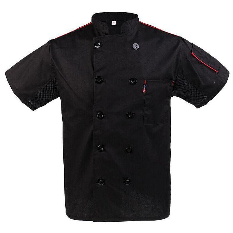 Black Unisex Mesh Sleeve Chef Coat Jacket Restaurant Hotel Cook Short Uniform - L