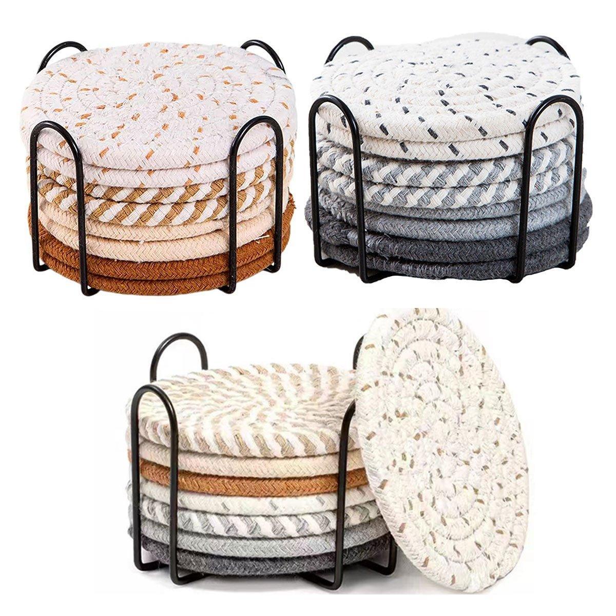 8PCS Round Cotton Woven Coaster Heat Resistant Thick Insulation Dining Table Mat - Grey