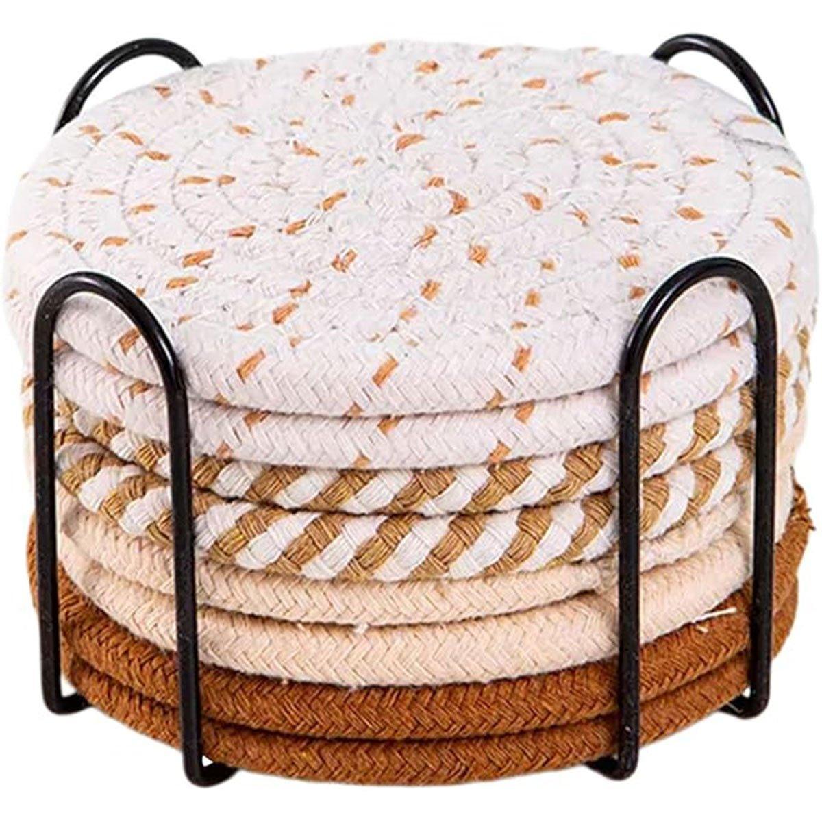 8PCS Round Cotton Woven Coaster Heat Resistant Thick Insulation Dining Table Mat - Mixed