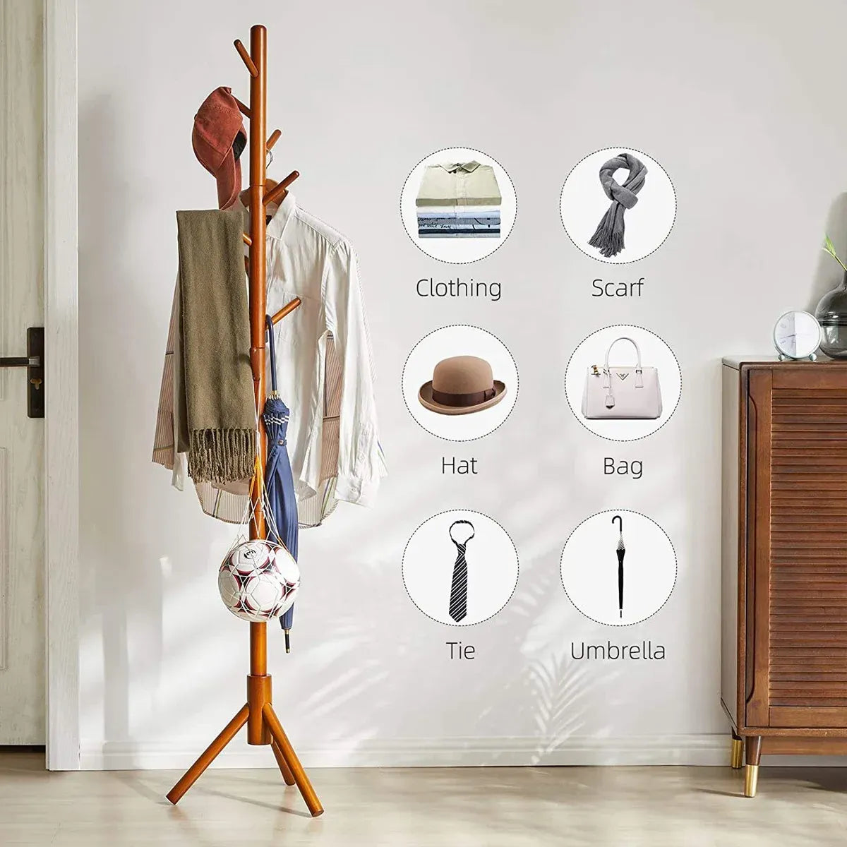Coat Rack Hat Bag Stand Tree Clothes Hanger Umbrella Holder 8 Hooks Organizers