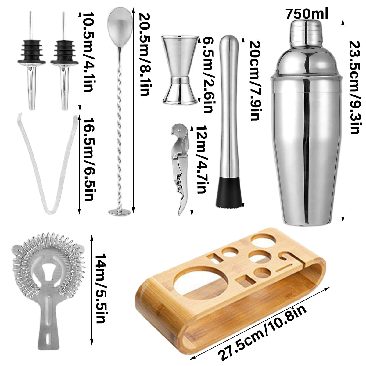 Cocktail Shaker Set Bar Tools Stainless Steel Mixing Glasses Drink Shaker Cups - Silver