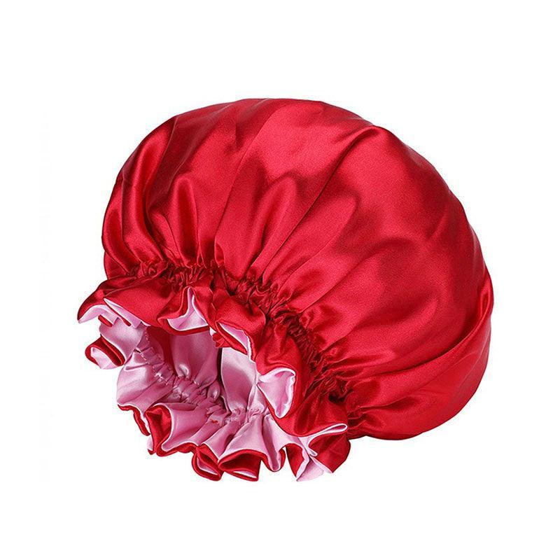 Womens Satin Sleep Cap Bonnet Elastic Wide Band Hair Sleeping Hat - Red