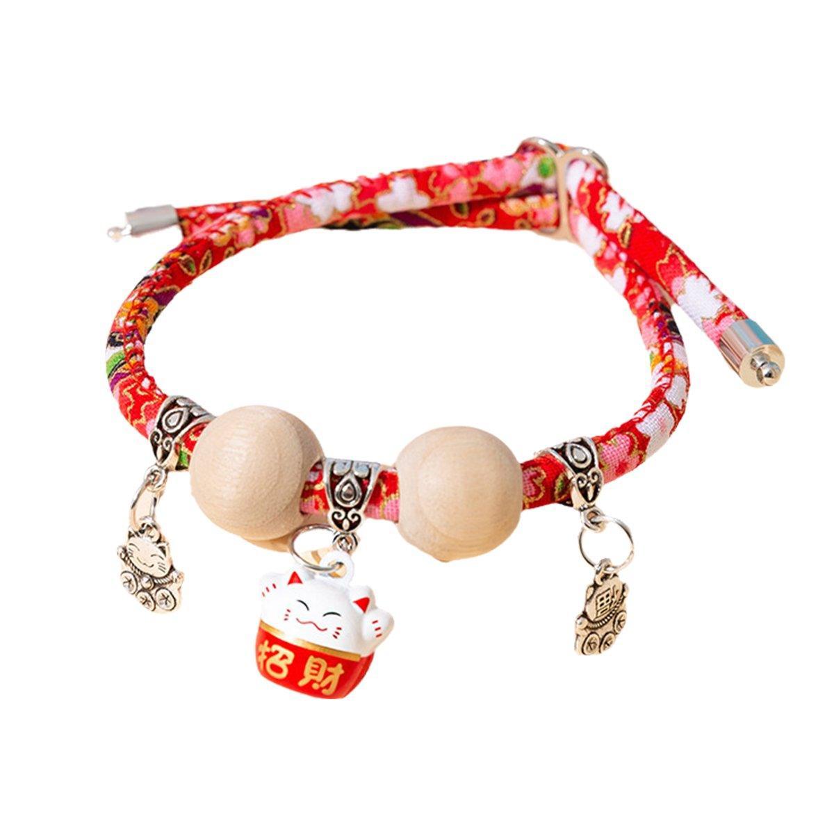 Camphor Wood Bead Collar with Bell Necklace for Cats and Dogs Pet Accessories - Red-Longevity Lock