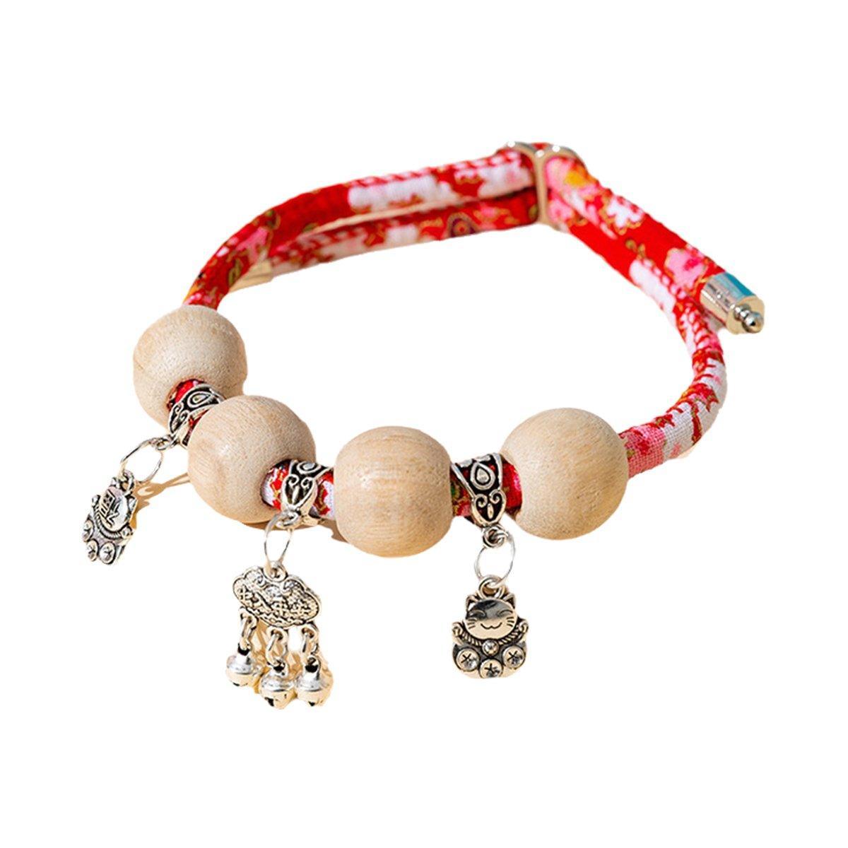 Camphor Wood Bead Collar with Bell Necklace for Cats and Dogs Pet Accessories - Red-Longevity Lock
