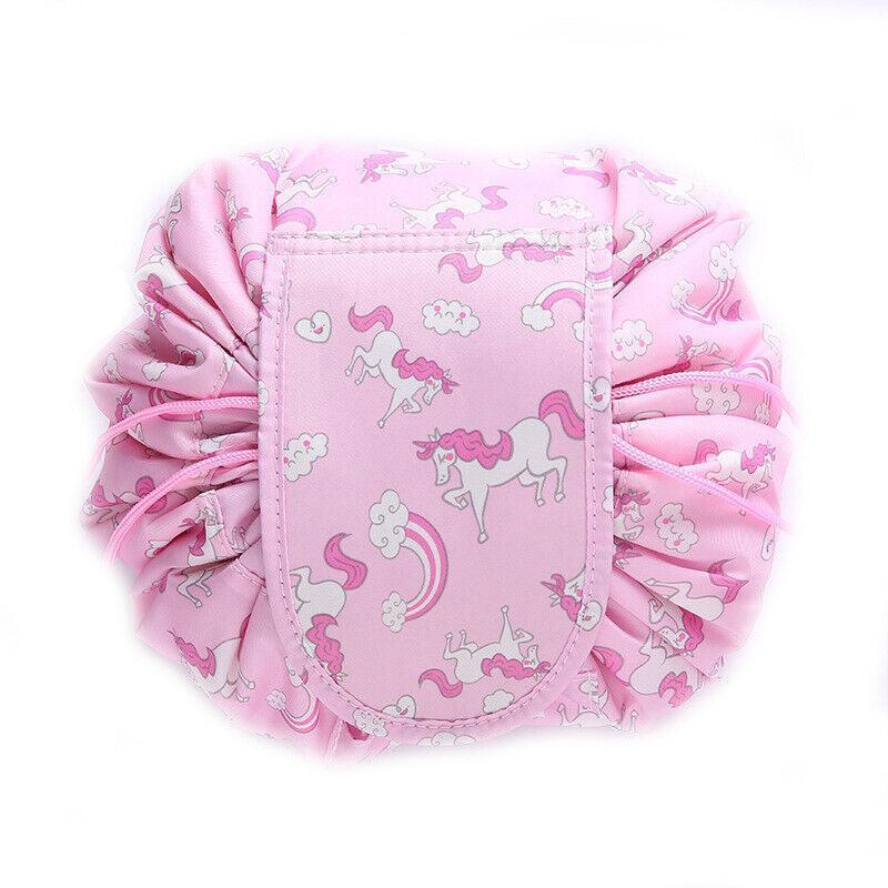 Portable Travel Makeup Bag Drawstring Cosmetic Pouch Lazy Storage Organiser Case - Blue Flamingo