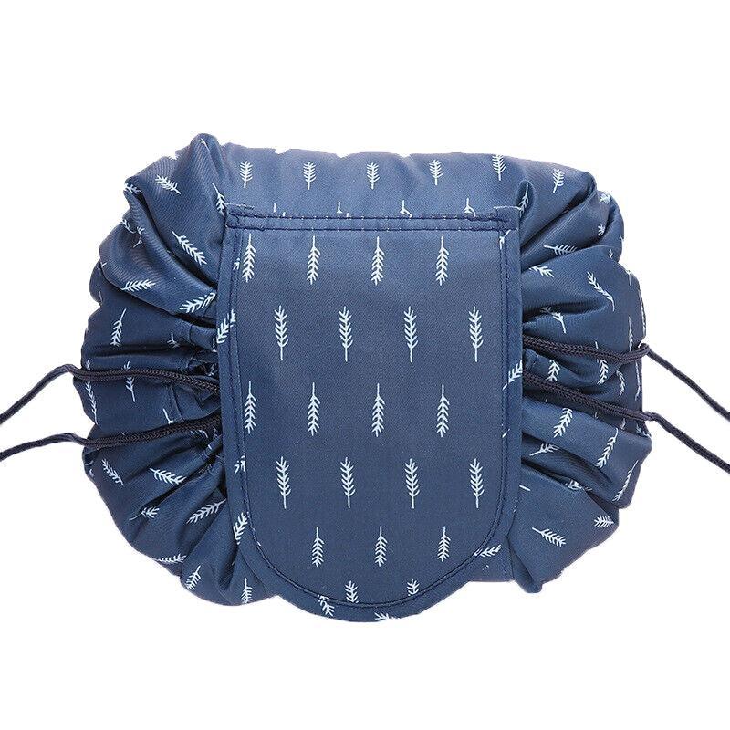 Portable Travel Makeup Bag Drawstring Cosmetic Pouch Lazy Storage Organiser Case - Blue White Feather