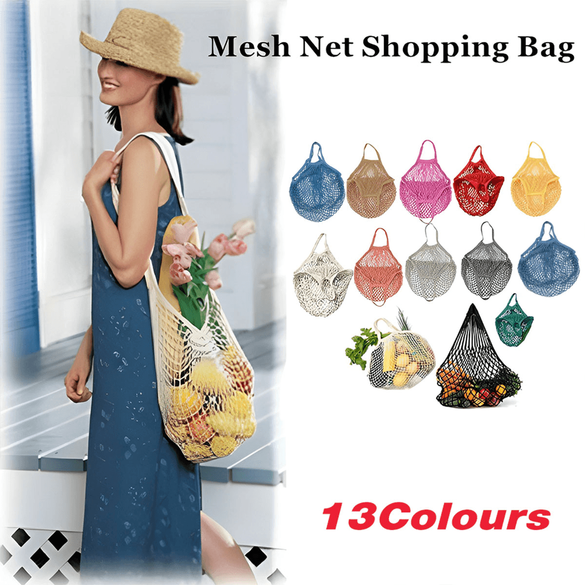 Reusable Mesh Net Shopping Bag String Tote Grocery Fruit Vegetable Storage - Grey