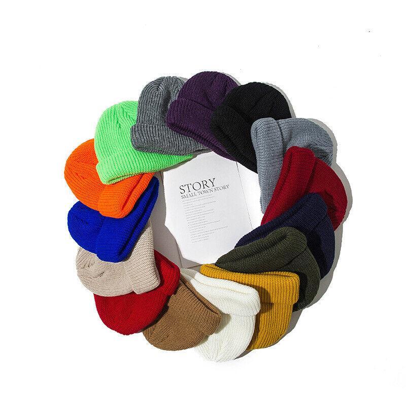 Men Women Mini Fisherman Beanie Winter Spring Hat Soft Knitted Docker Skull Cap - Orange