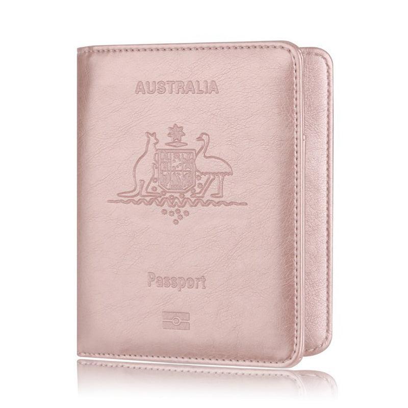 RFID Passport Holder Slim Leather Travel Wallet ID Card Cover Case for Men Women - Pink Gold