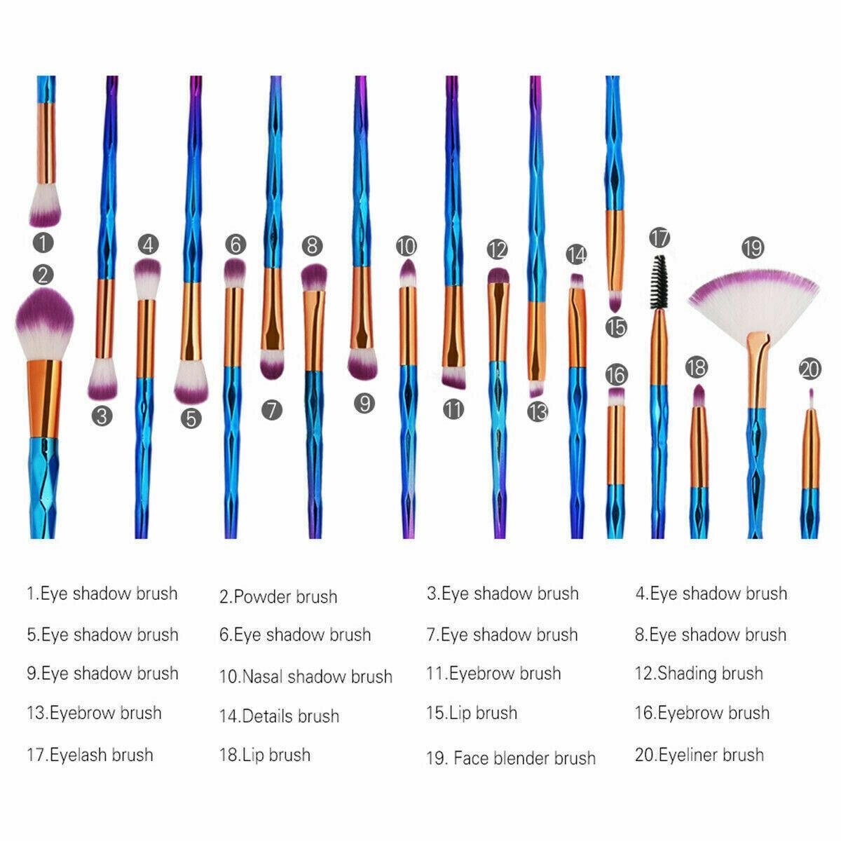 20 Pcs Eye Make-Up Brushes Diamond Unicorn Eyeshadow Eyebrow Blending Brush Set - Transparent