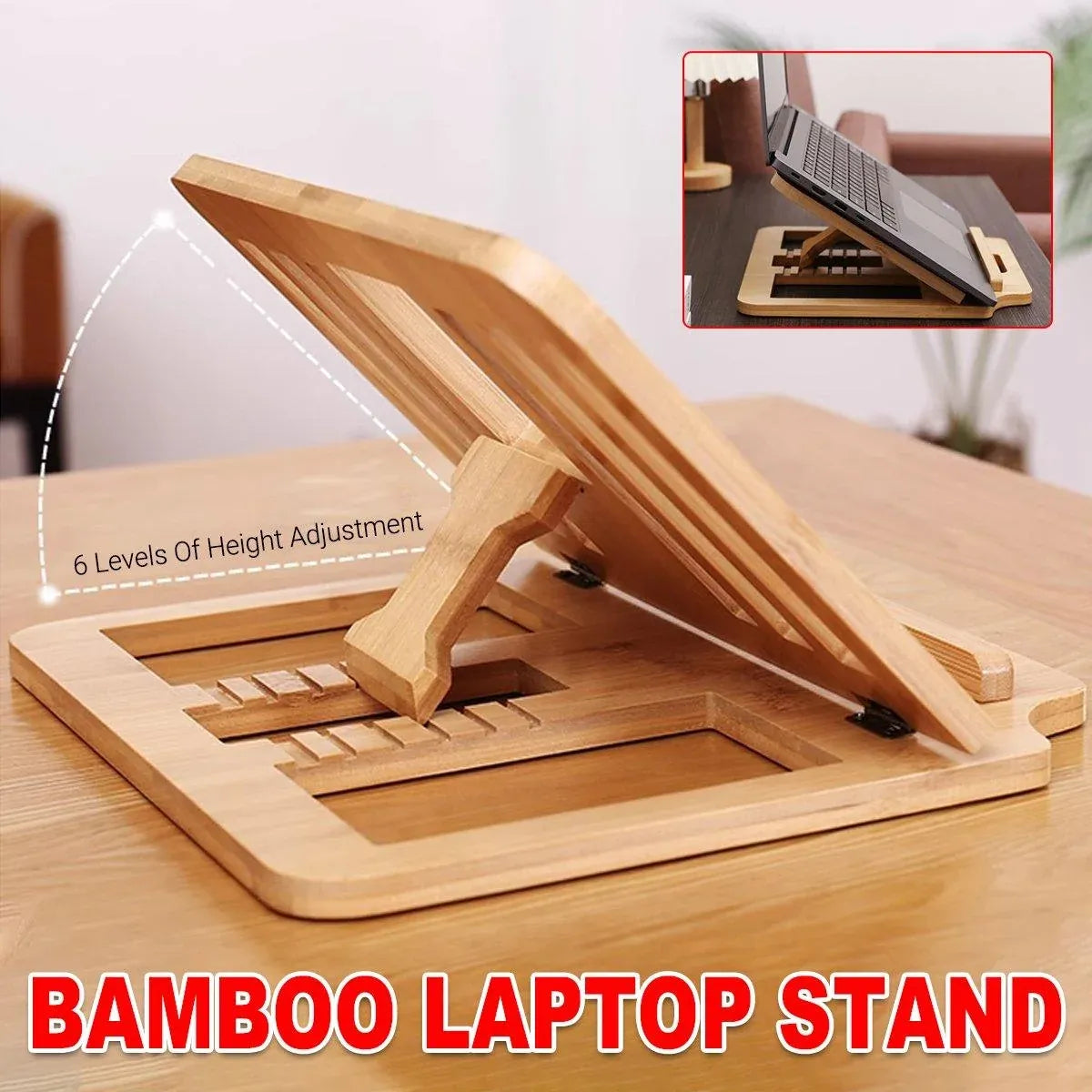 1-Piece Foldable Bamboo Laptop Stand with Adjustable Angles