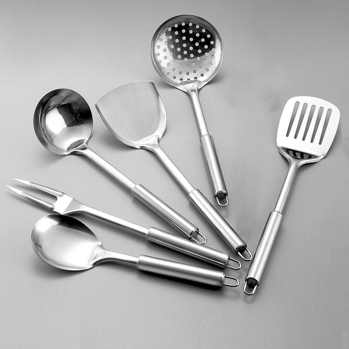 6PCS Stainless Steel Kitchen Utensil Set with Frying Spatula Colander and Spoon