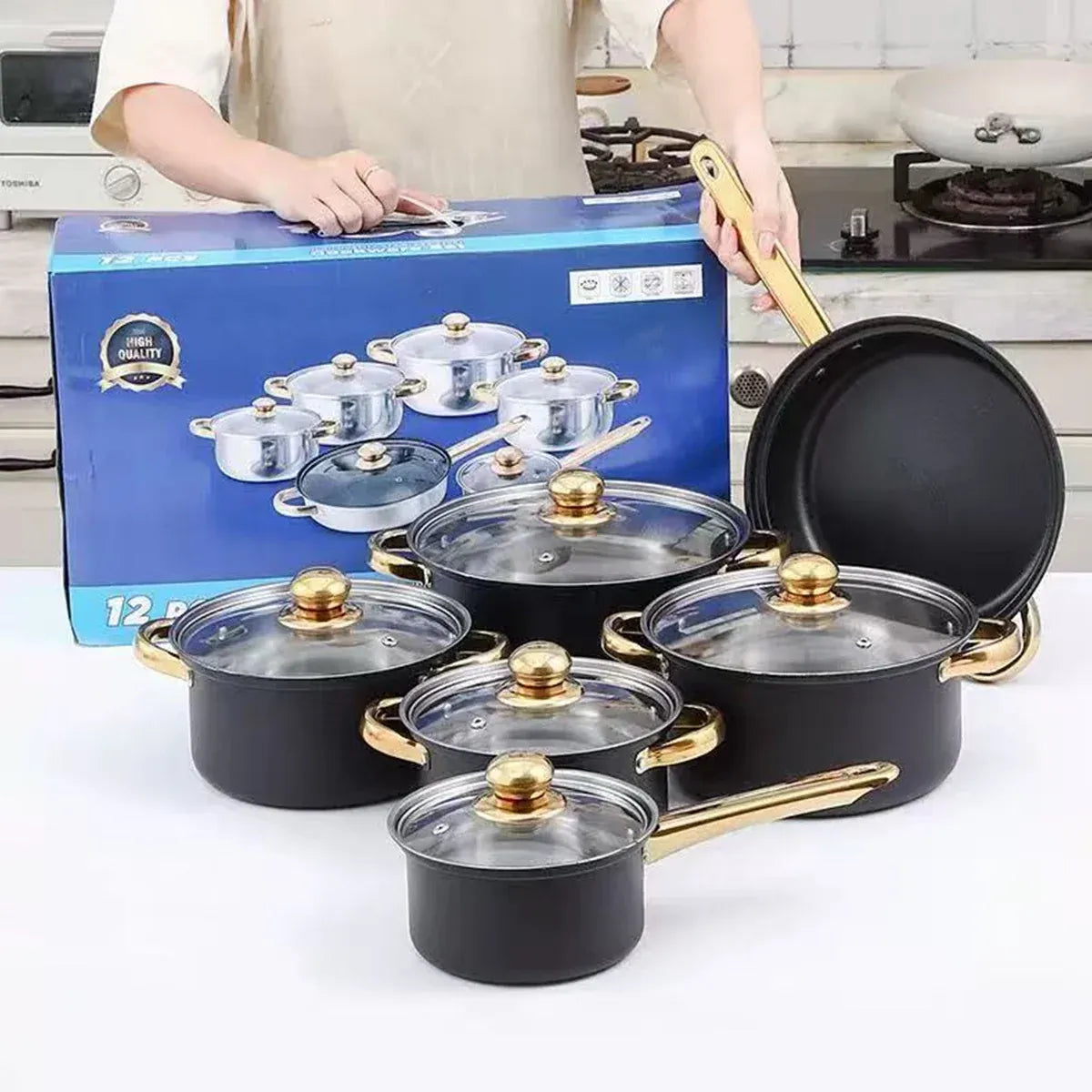 Stainless Steel 12 Piece Cookware Set Heat Resistant For Home Kitchen Cooking