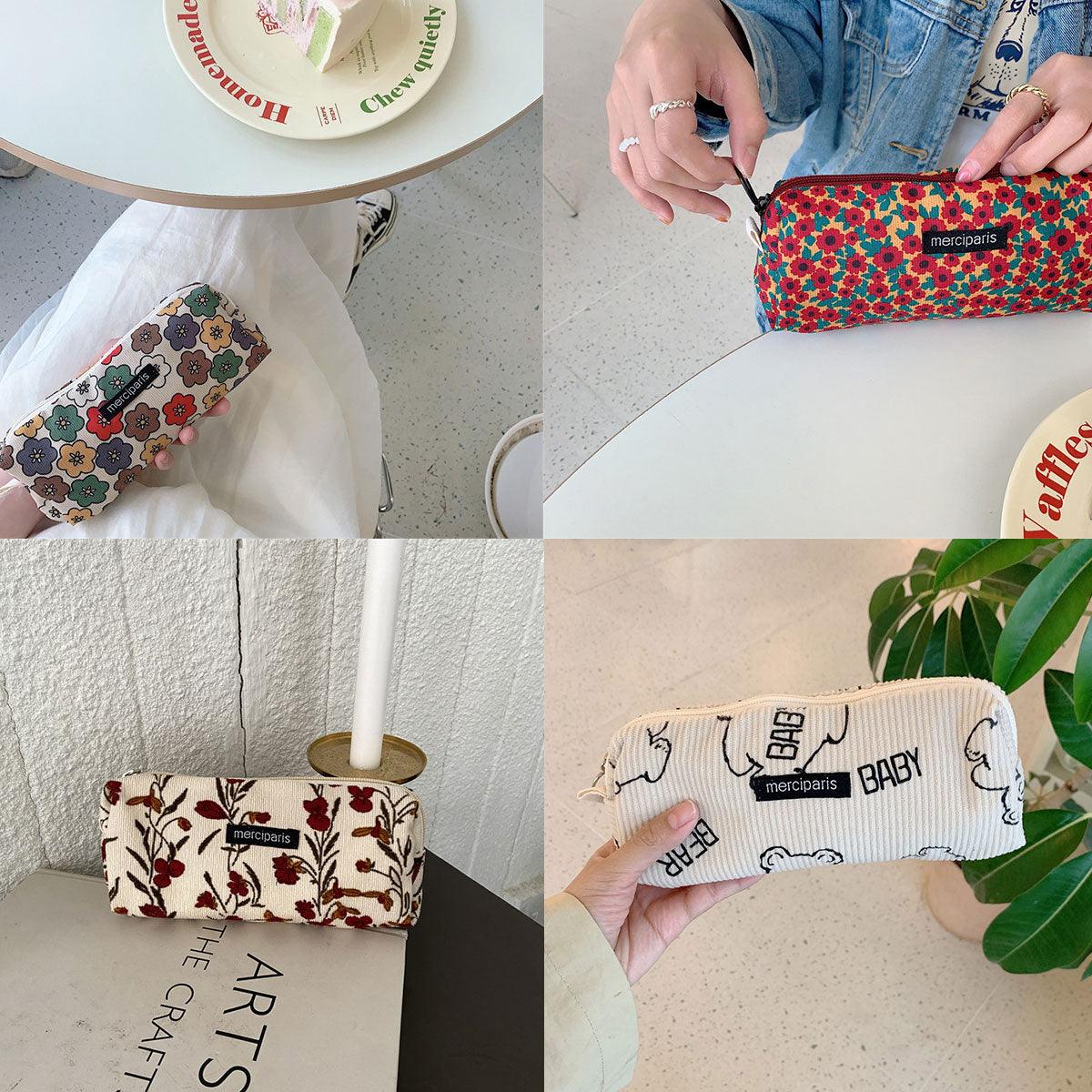 Large Capacity Pencil Case Organiser Bag Stationery Holder School Travel Pouch - Cartoon Flowers