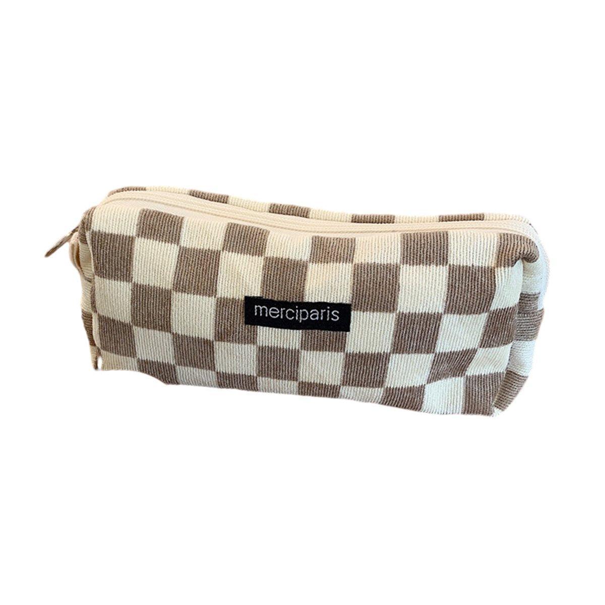 Large Capacity Pencil Case Organiser Bag Stationery Holder School Travel Pouch - Green Beige Plaid