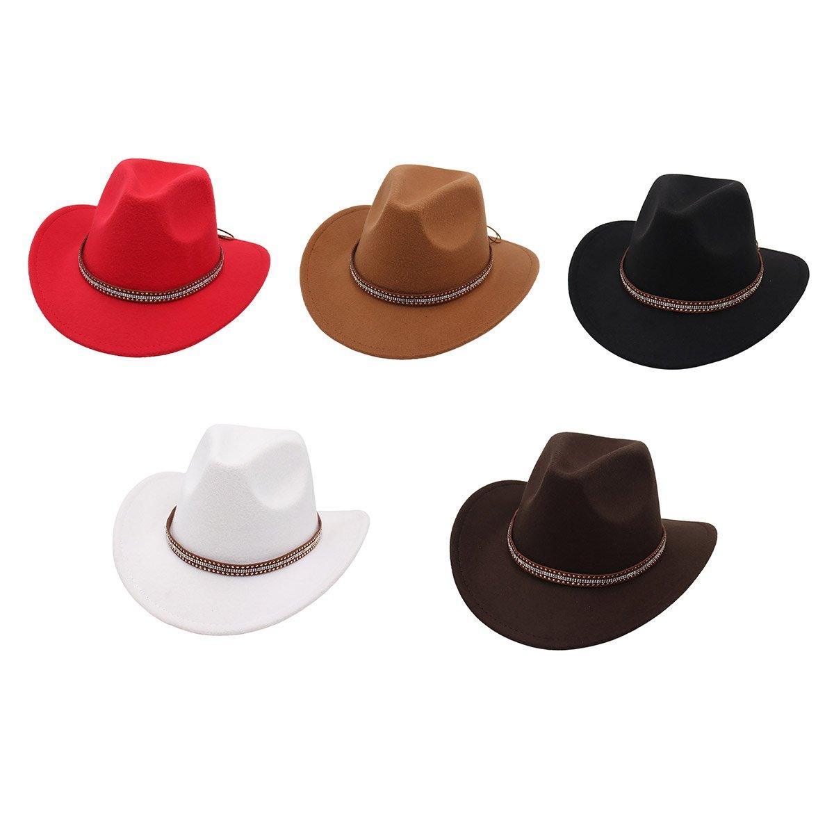 Western Cowboy Hat American Wool Felt Jazz Hat for Men Women Upside Down Top Hat - Red