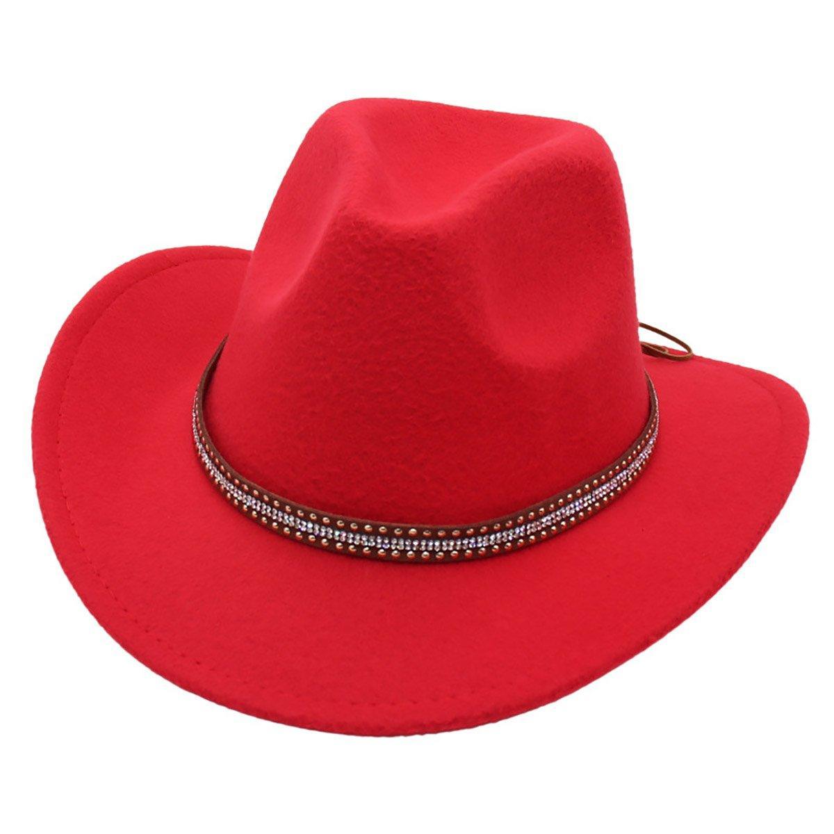 Western Cowboy Hat American Wool Felt Jazz Hat for Men Women Upside Down Top Hat - Red