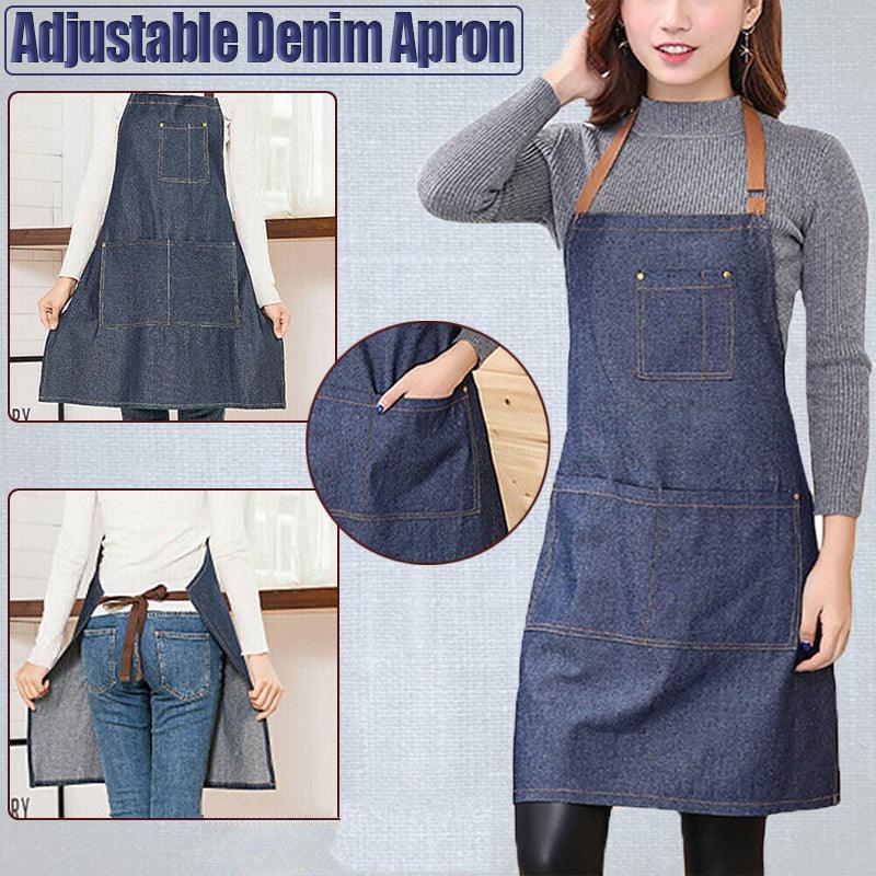 Adjustable Denim Apron Pocket Hanging Neck Cooking Kitchen Baking Bar Cafe Chefs