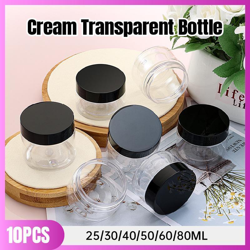 10pcs Wide Mouth Plastic Jars Black Lid Transparent Skin Care Cream Containers - 60ml