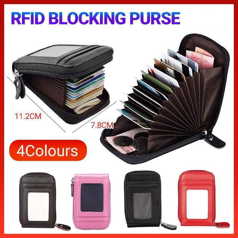 Rfid Blocking Leather Wallet Anti-Theft Credit Card Holder Men Women Coin Purse - Coffee