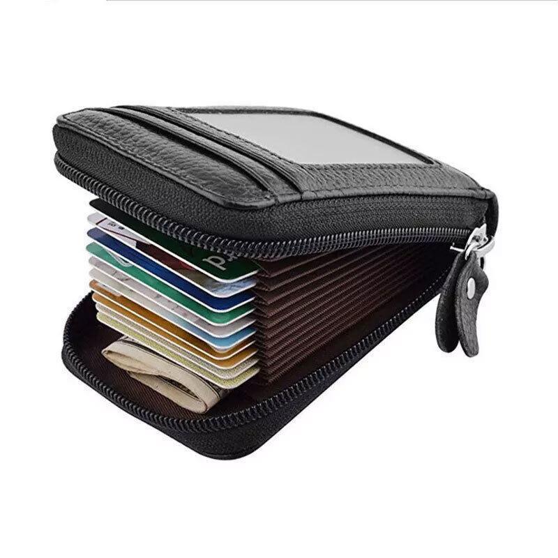 Rfid Blocking Leather Wallet Anti-Theft Credit Card Holder Men Women Coin Purse - Red