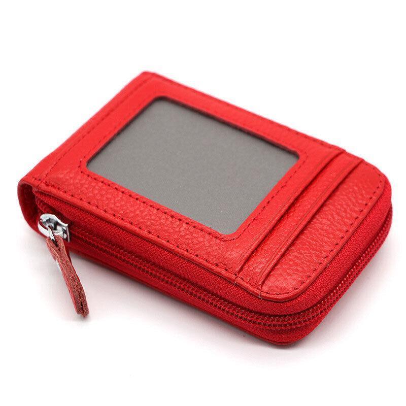 Rfid Blocking Leather Wallet Anti-Theft Credit Card Holder Men Women Coin Purse - Red