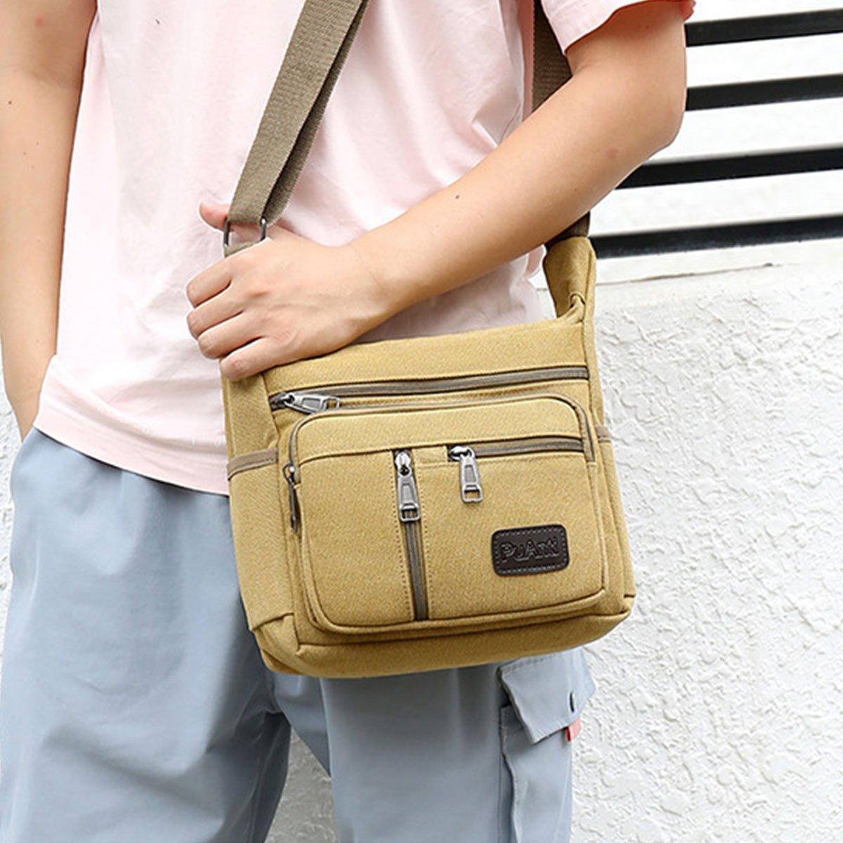 Multi Layer Canvas Crossbody Bag Casual Shoulder Bag for Travel Messenger Bag - Khaki