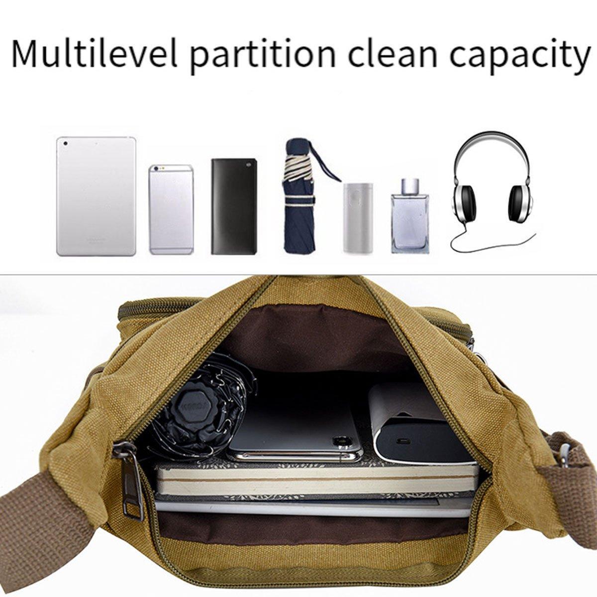 Multi Layer Canvas Crossbody Bag Casual Shoulder Bag for Travel Messenger Bag - Khaki