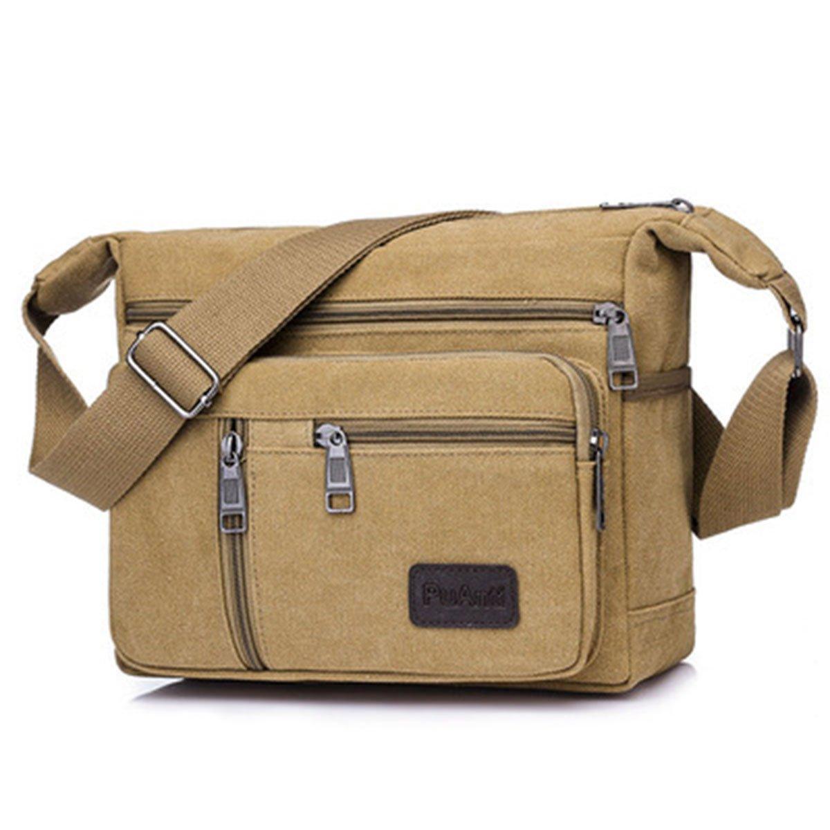 Multi Layer Canvas Crossbody Bag Casual Shoulder Bag for Travel Messenger Bag - Khaki