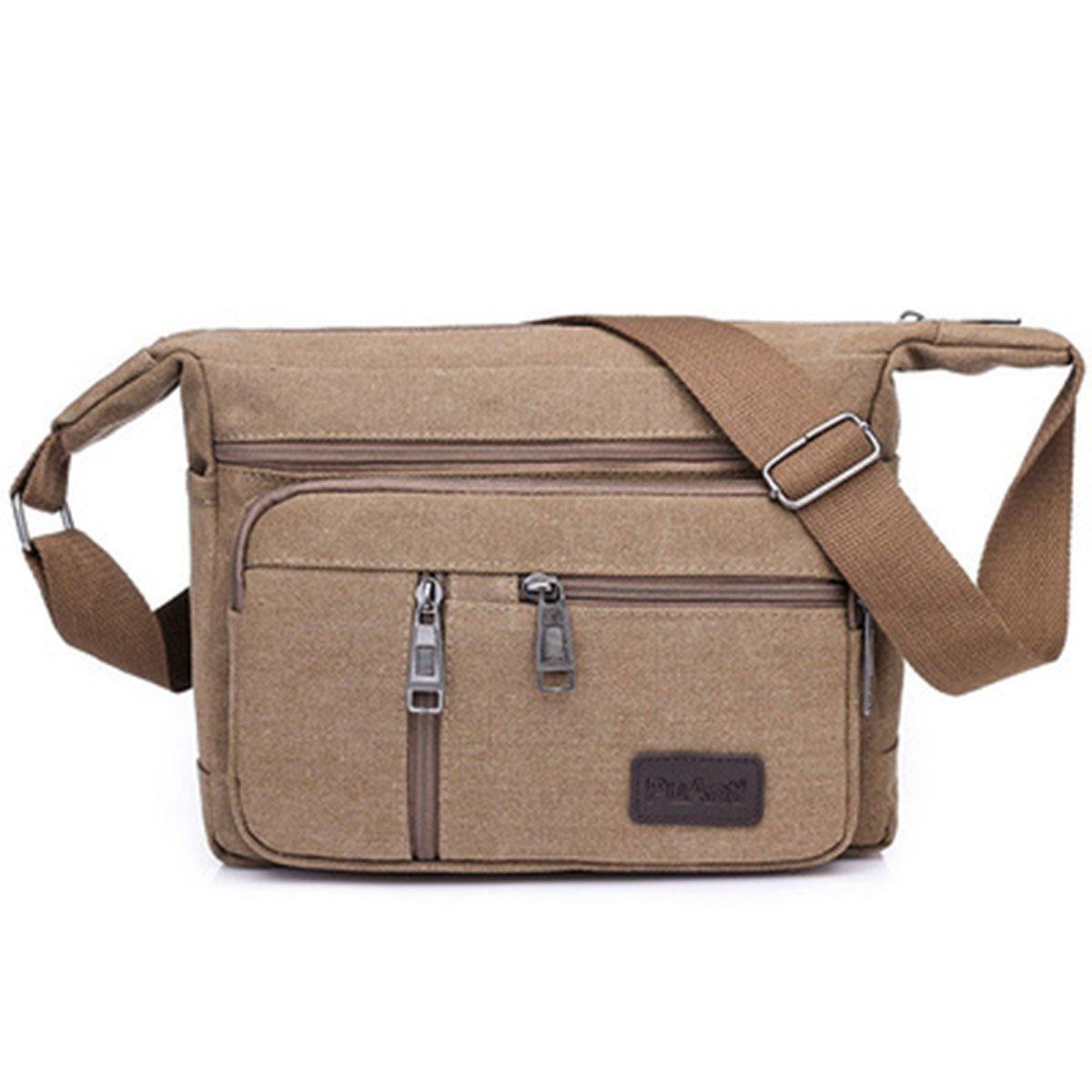 Multi Layer Canvas Crossbody Bag Casual Shoulder Bag for Travel Messenger Bag - Khaki